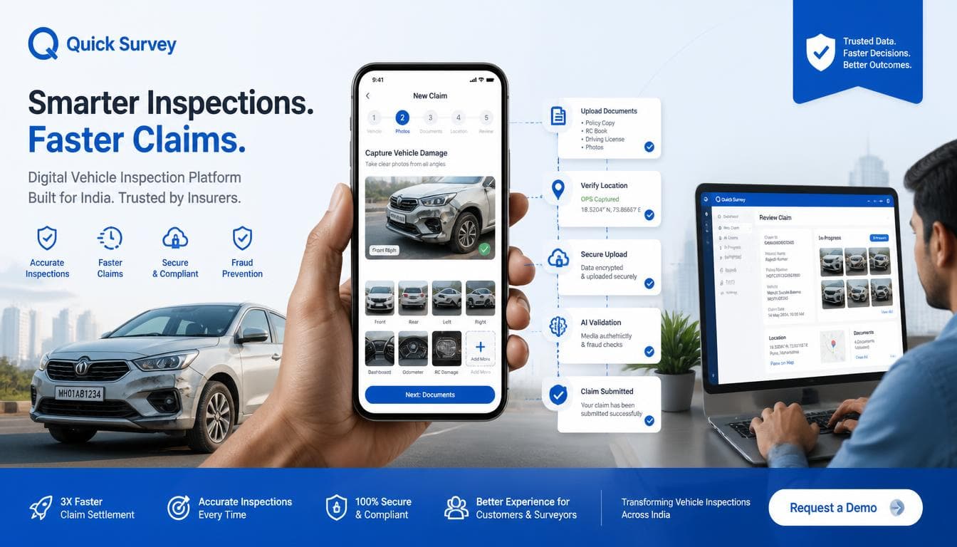 Quick Survey customer phone flow connected to document upload, location context, and surveyor review